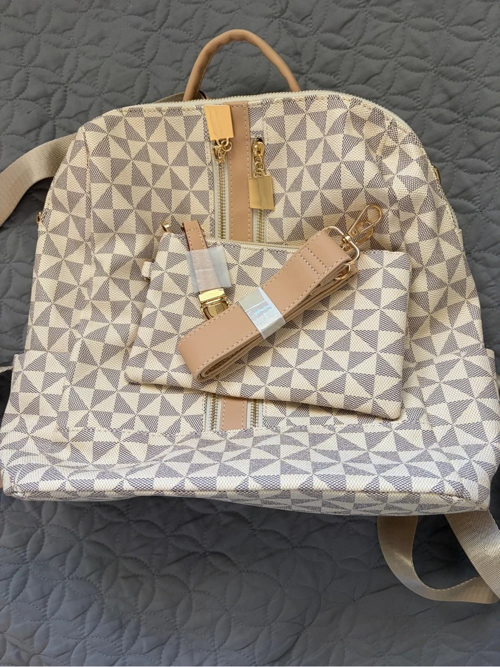Beige Geometric Women's Backpack Purse with Matching Pouch - Contemporary Style